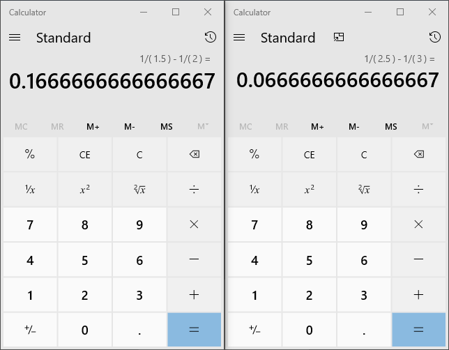 Taschenrechner-Darstellung: Warum rechnerisch der Abstand zwischen den Dezimalquoten 2.00 und 1.50 größer ist als der zwischen 3.00 und 2.50